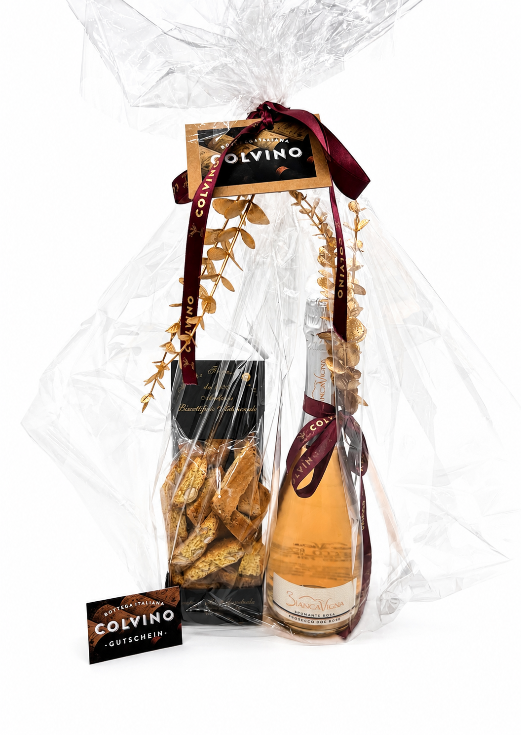 Geschenkset Spumante Rose mit Cantucci, Blumendeko + Gutschein
