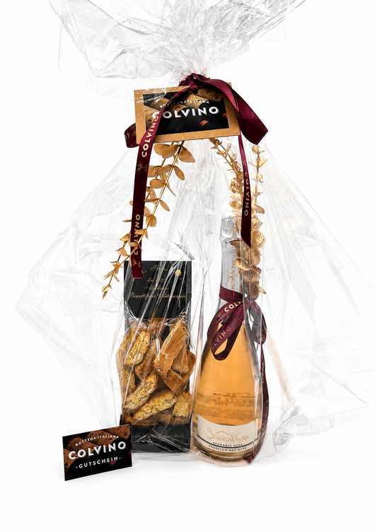 Geschenkset Spumante Rose mit Cantucci, Blumendeko + Gutschein