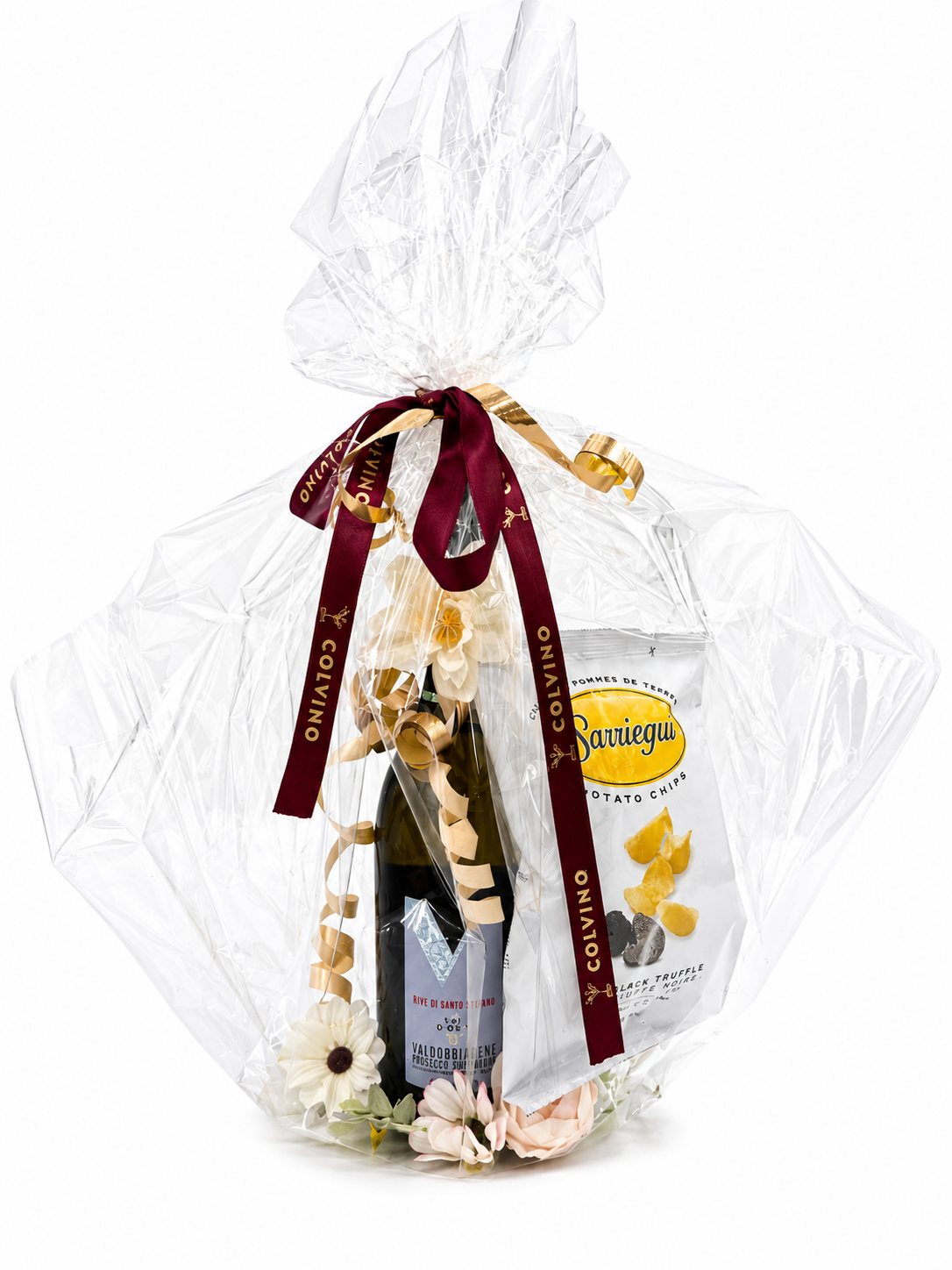 Geschenkset Val D'Oca Valdobbiadene Prosecco Superiore Rive di Santo Stefaund +Trüffelchips + Blumendeko