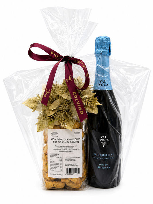 Geschenkset Prosecco mit Baci Pralinen und Blumendeko